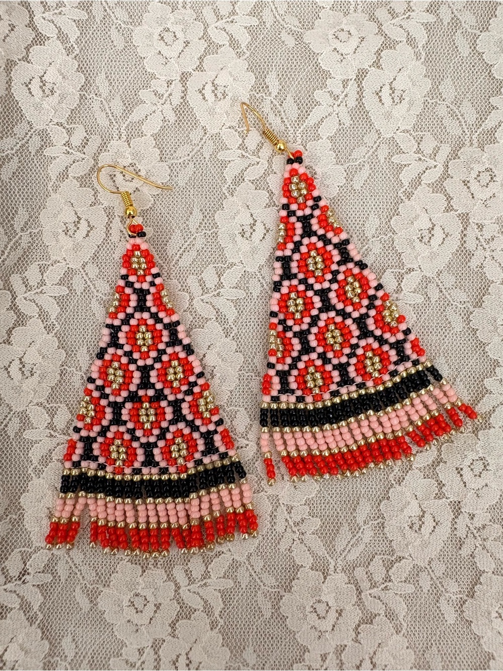 Handmade | Beaded Fringe Earrings | Pink Black Red Gold